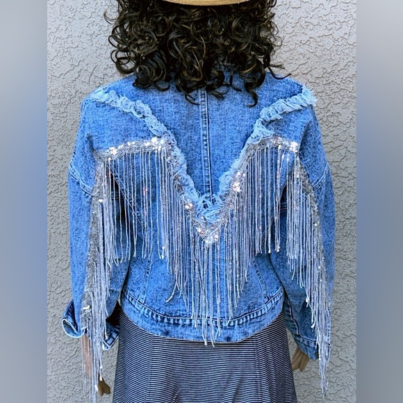 Western Style Crop Jean Jacket With Sequin Fringe sz L Yep! I said Sequin Fringe - Picture 3 of 6